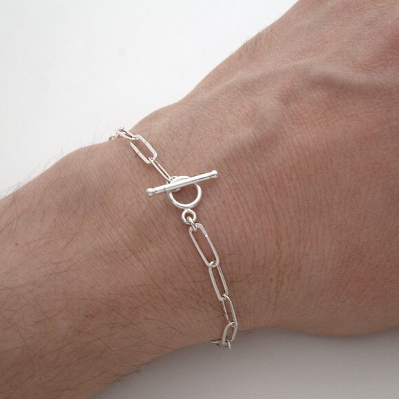925 Sterling Silver Paperclip Toggle Clasp Bracelet 7 inch, Dainty Bracelet - Picture 9 of 9